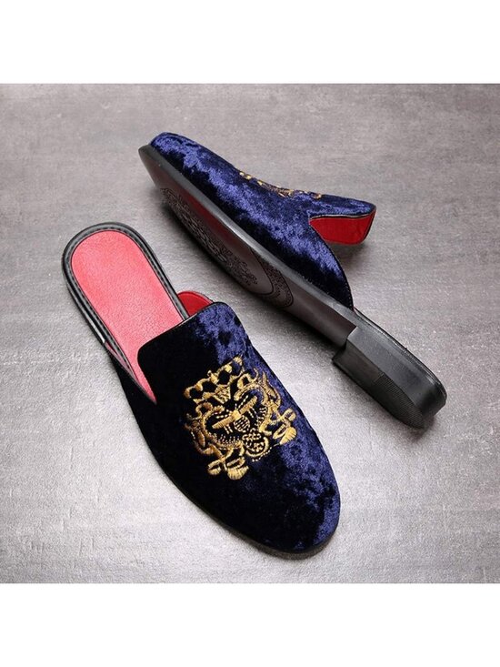 Men\'s Blue Rubber Velvet Patent Leather Crown Embroidery Slip On Loafer Slipper